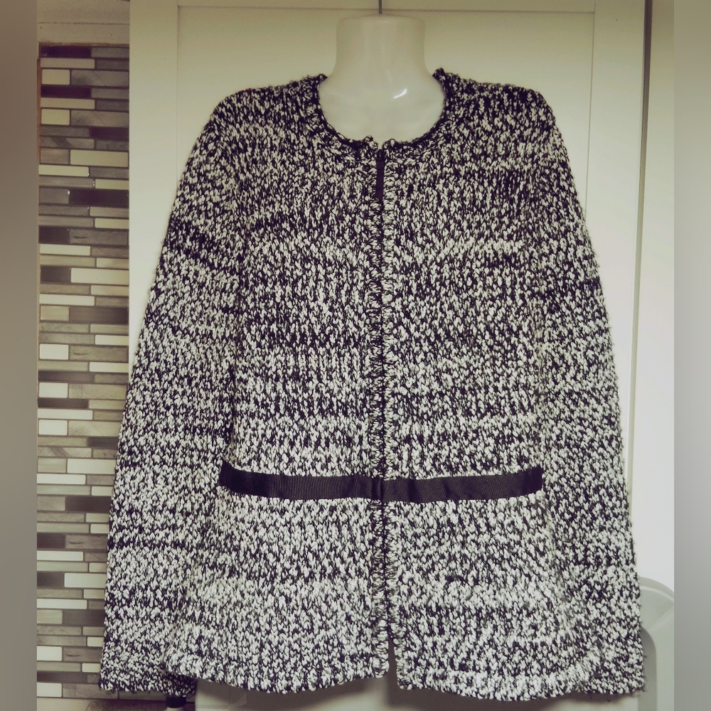 NARCISO RODRIGUEZ for Design Nation Black Tweed Zip Sweater Cardigan Sz-L